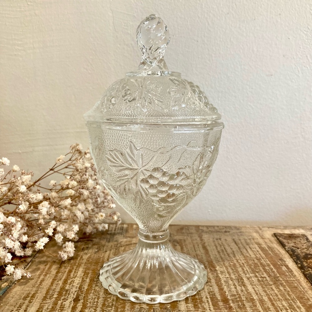 Vintage Pressed Glass Lidded Compote Dish / Candy Dish Grape Motif 7 1/4” Tall